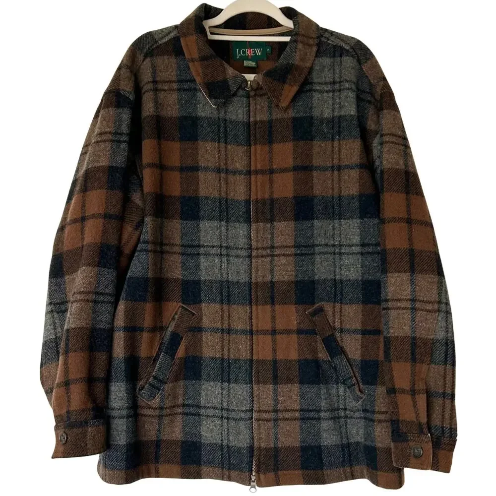 Vintage J.Crew Wool Plaid Zip Jacket Brown Gray Made in USA Mens L Unisex